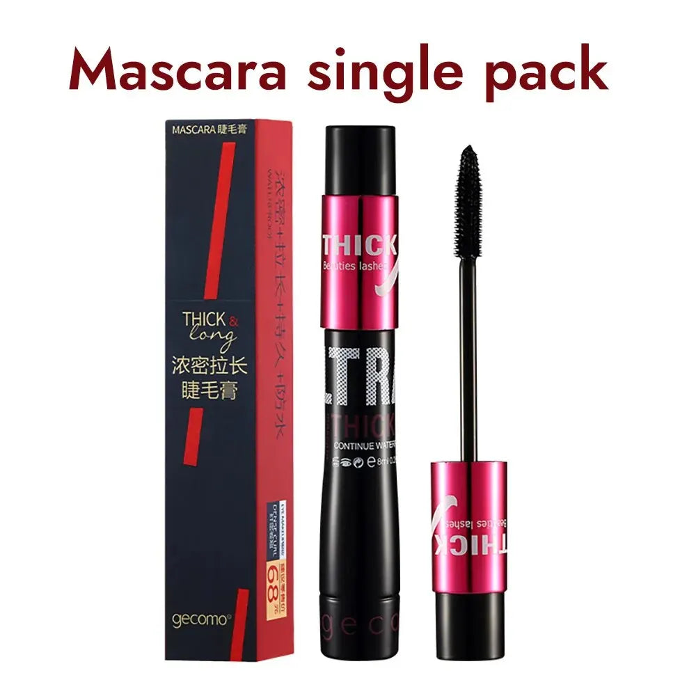 Fiber mascara set with double tubes, waterproof and long-lasting, creates long, naturally curled lashes without smudging.