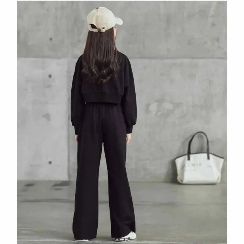 Girls' solid color outfit set, long-sleeved cropped sweater and pants, 2 pieces, new spring-autumn fashion, casual suit for children aged 4 to 12 years