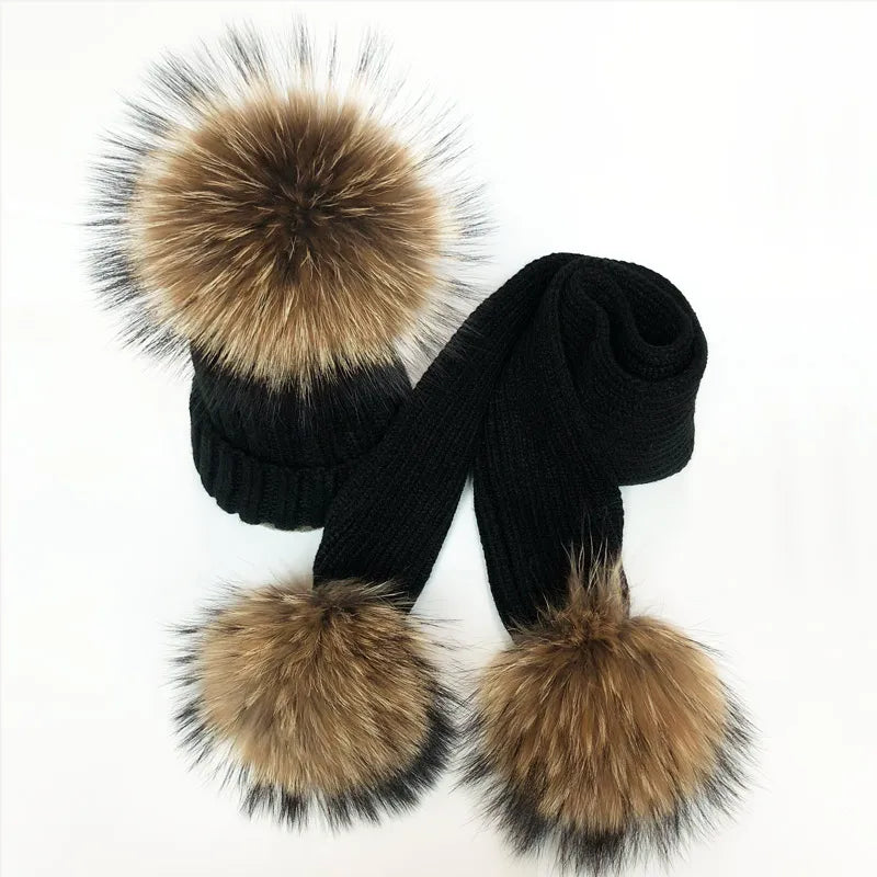 Parent-enfant chapeaux d'hiver mignon bébé fourrure Pompon chapeau écharpe ensembles réel naturel fourrure boule casquettes mère enfants chaud tricoté chapeaux hiver Bea