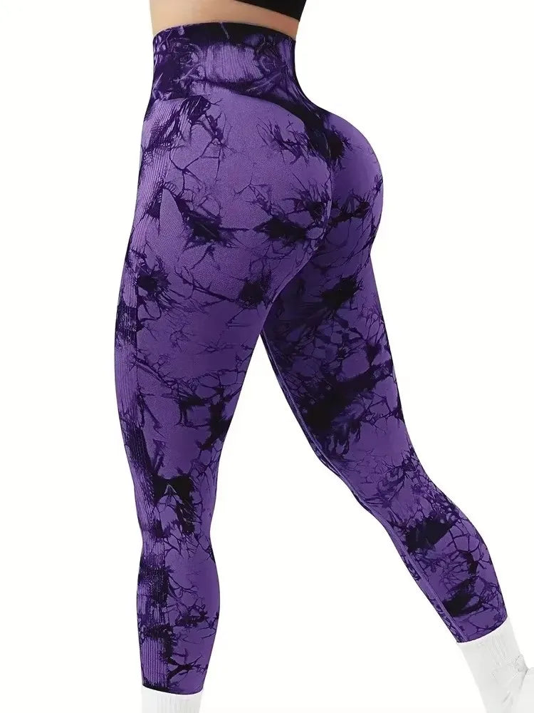 Collants femmes cravate colorant Leggings taille haute ascenseurs bout à bout contrôle du ventre Push Up sans couture pantalons de Yoga dames entraînement vêtements de sport