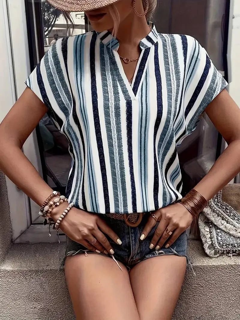 Hauts pour femmes Blouses nouveau 2025 été décontracté mode rayé imprimé col en v à manches courtes chemise élégante femmes dessus de chemise Streetwear