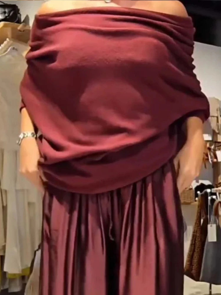 Elegant Off-the-Shoulder Satin Top and Wide-Leg Pants Set, Slash Neck, Irregular Fashion, Solid, Commuter Outfits, Simple Loose Sets for Women