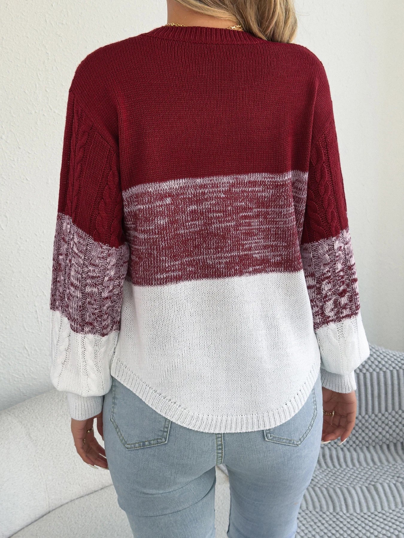 Femme décontracté couleur bloc rayé pull col rond lanterne à manches longues torsion tricoté hauts pour 2025 automne hiver femmes vêtements