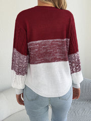 Femme décontracté couleur bloc rayé pull col rond lanterne à manches longues torsion tricoté hauts pour 2025 automne hiver femmes vêtements