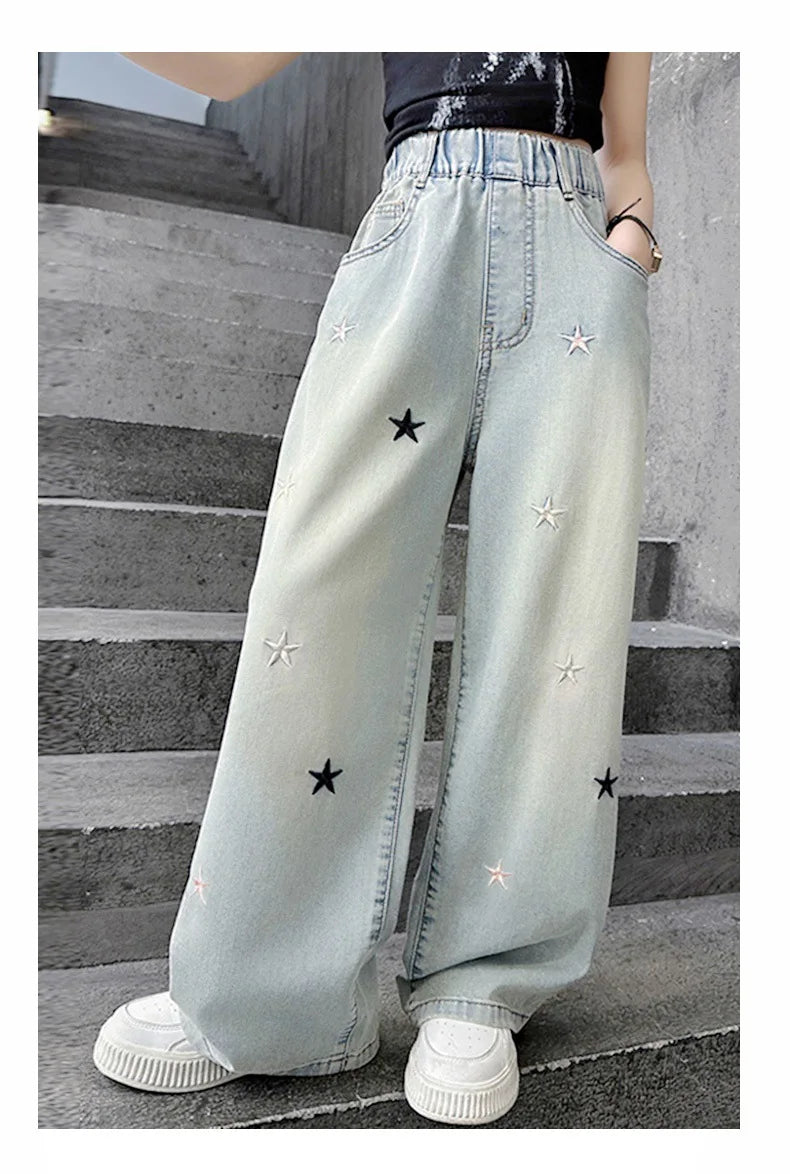 Five-pointed star embroidered jeans for girls aged 3 to 12, stylish wide-leg denim trousers, new spring/autumn collection