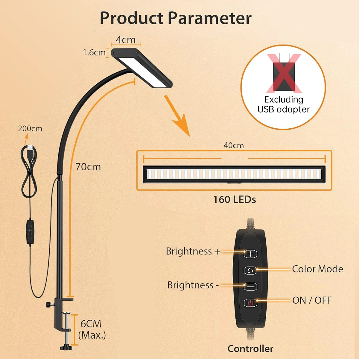 Adjustable flexible gooseneck LED desk lamp, eye-friendly desk lamp, stepless dimming, home office