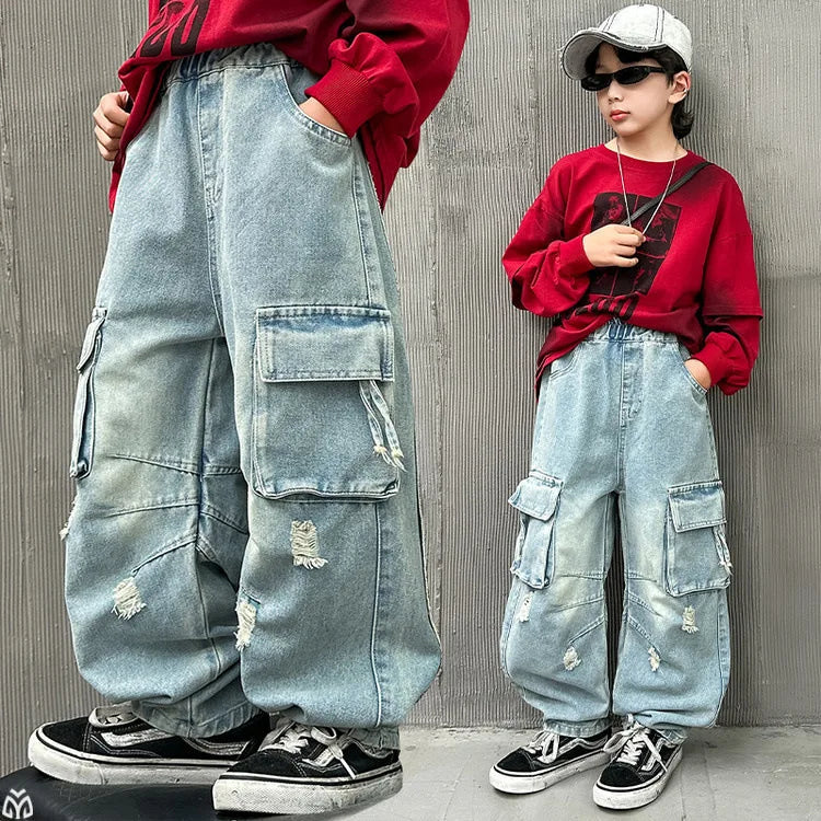 Adolescents garçons Hip Hop Streetwear vêtements de travail jean printemps automne 2025 nouveau Style enfants beau à la mode déchiré pantalon à jambes larges