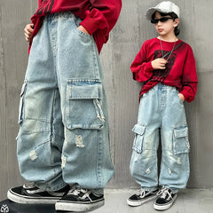 Adolescents garçons Hip Hop Streetwear vêtements de travail jean printemps automne 2025 nouveau Style enfants beau à la mode déchiré pantalon à jambes larges
