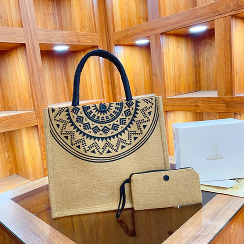 Sac fourre-tout en lin 2 pièces, sac à main en toile de grande capacité, sacs de Shopping, sac de maquillage, porte-monnaie pour mariage, cadeau d'anniversaire, vacances à la plage