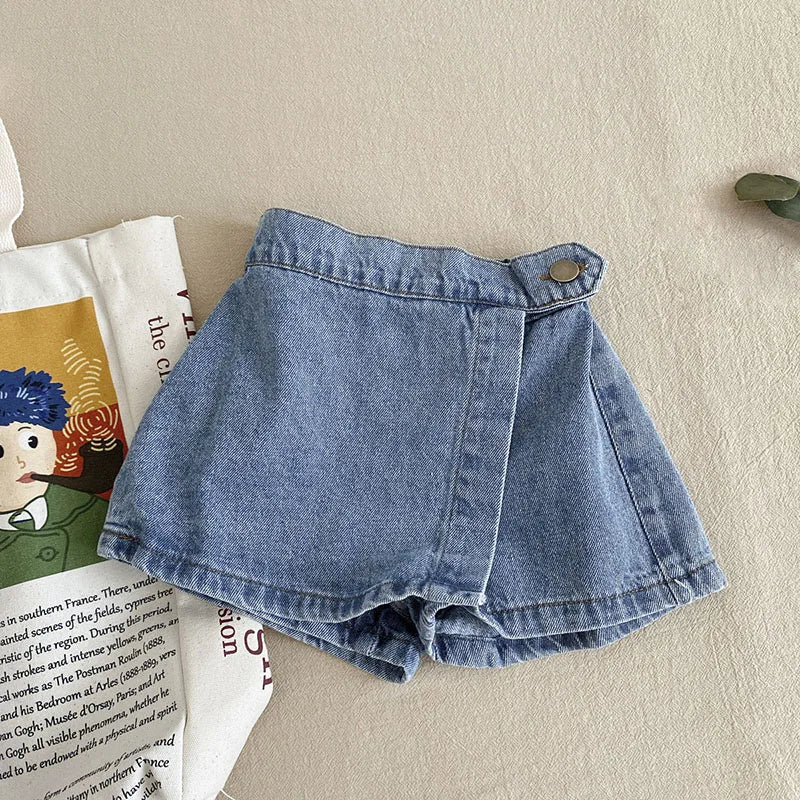 Mode coréenne nouvel été enfants fille jupe short solide taille élastique bouton doux Denim Culotte enfants vêtements polyvalents