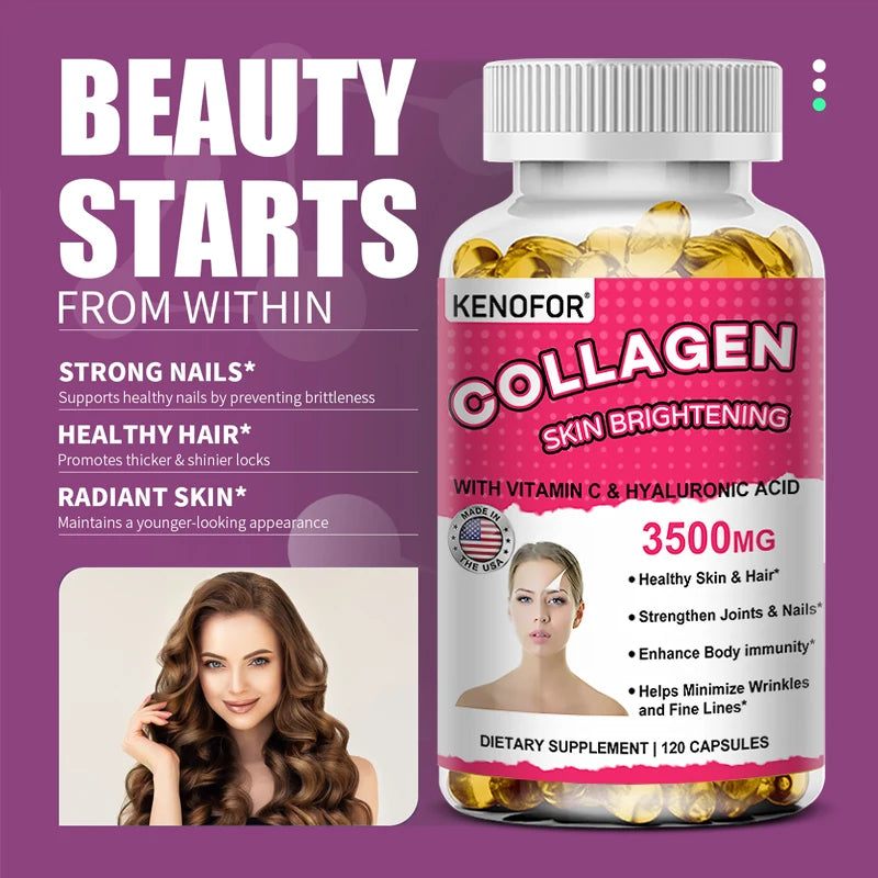 Capsules de collagène - avec vitamine C et acide hyaluronique - pour la santé de la peau, des cheveux, des ongles, anti-âge et des articulations