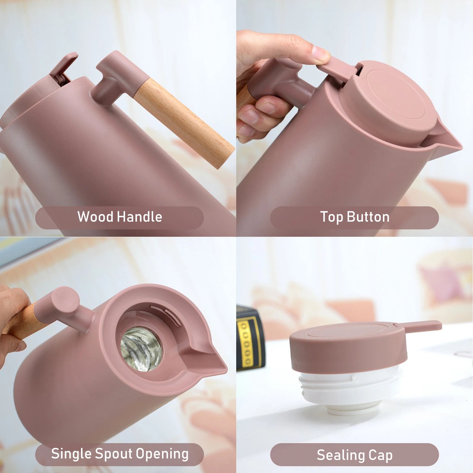 Carafe à café thermique sous vide à double paroi, pot thermos avec poignée en bois, bouilloire isolée, garde au chaud et au froid, 1L