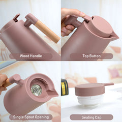 Carafe à café thermique sous vide à double paroi, pot thermos avec poignée en bois, bouilloire isolée, garde au chaud et au froid, 1L