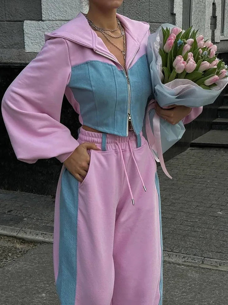 Ensemble 2 pièces en denim patchwork pour femmes, tenue décontractée, sweats à capuche minces, haut court, pantalon de survêtement à jambes larges, streetwear imbibé, survêtements à la mode