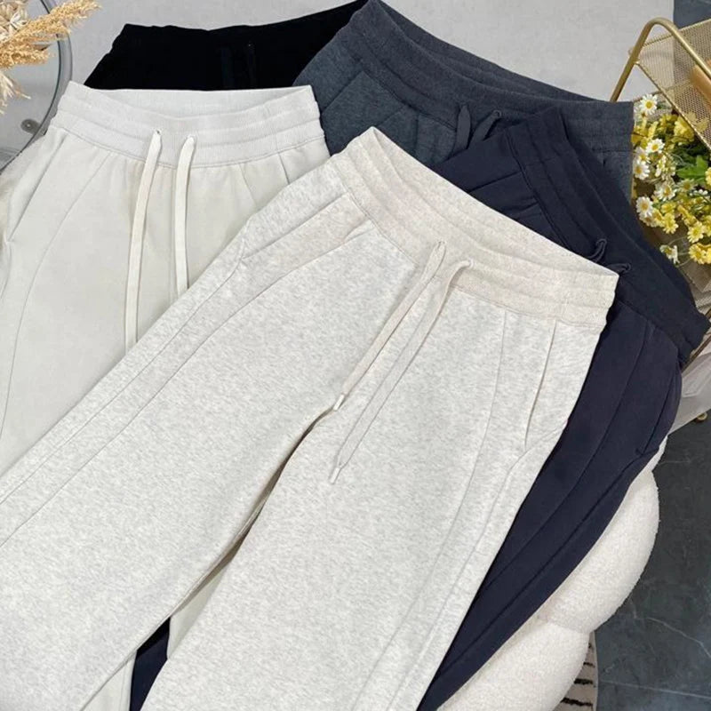 Femme classique coréen taille haute pantalons de survêtement femmes coupe ajustée pantalon confortable filles jambe droite mince pantalons décontractés
