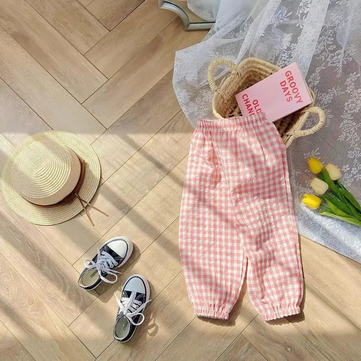 Girls' plaid summer trousers, new Harlan style, versatile children's fashion, lightweight mosquito-proof cotton trousers, 73-120CM