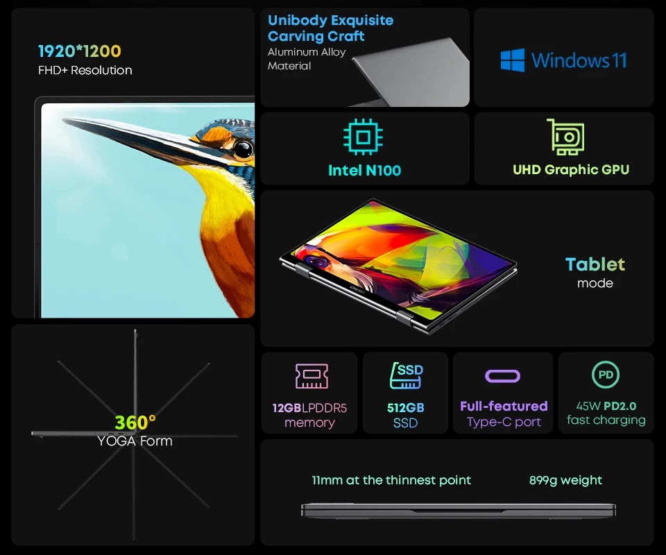 CHUWI MiniBook X Intel N150 10.51 pouces 2-en-1 tablette ordinateur portable 12GB LPDDR5 512G SSD Windows 11 ordinateurs portables Mini ordinateur portable 2K FHD WiFii 6