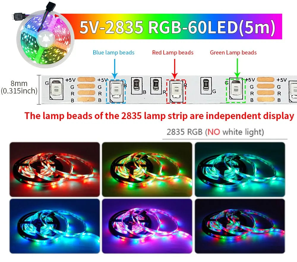 5M USB Led Bande Lumières RGB 2835 60 LED Bluetooth APP Contrôle Luces Led Flexible Diode Décoration Pour Salon Lampe Ruban