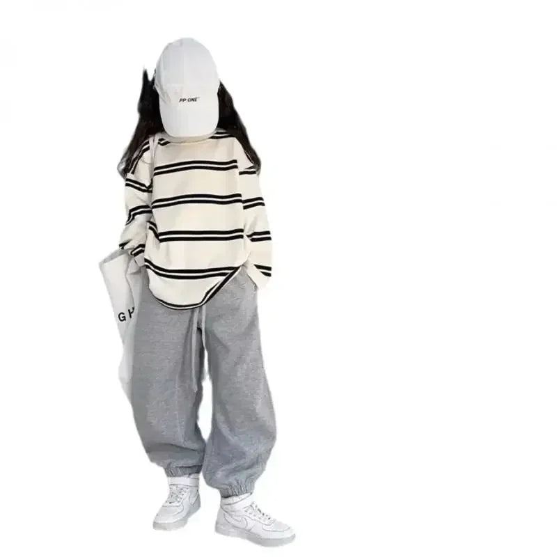 Ensemble de vêtements simples de Style coréen pour filles, 2 pièces, rayé à manches longues + pantalon ample, tenues pour adolescentes de 6 8 10 12 14 ans, 2025