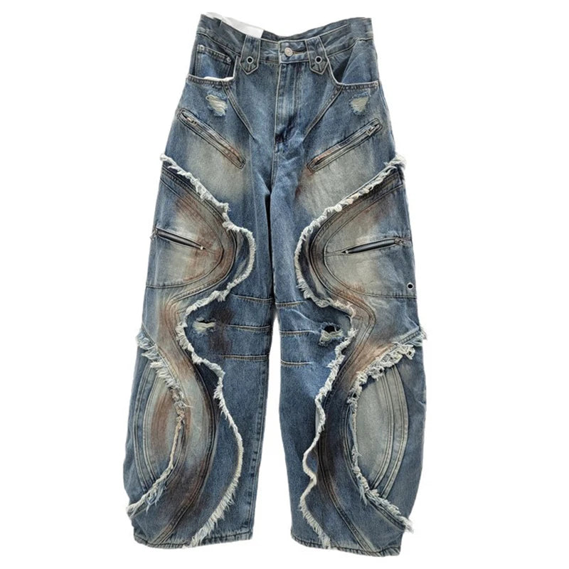 DEAT 2025 Autumn New Fashion Patchwork Burls Cargo Denim Pants for Women High Waist Loose Wide Leg Fashionable Jeans 11A06257