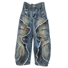 DEAT 2025 Autumn New Fashion Patchwork Burls Cargo Denim Pants for Women High Waist Loose Wide Leg Fashionable Jeans 11A06257