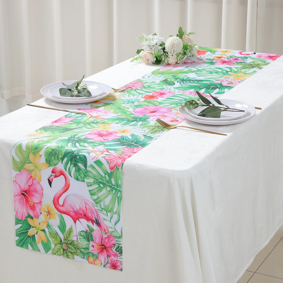 Summer Hawaiian Flower Table Runner, Flamingo Birthday Party Decor for Kids, Aloha Hawaii Tropical Party Supplies, Dining Table Decor