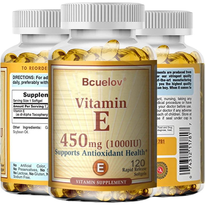 Bcuelov Vitamine E 1000 IU 450mg - pour la peau, les cheveux, la santé circulataire, le support du système immunitaire - supplément antioxydant