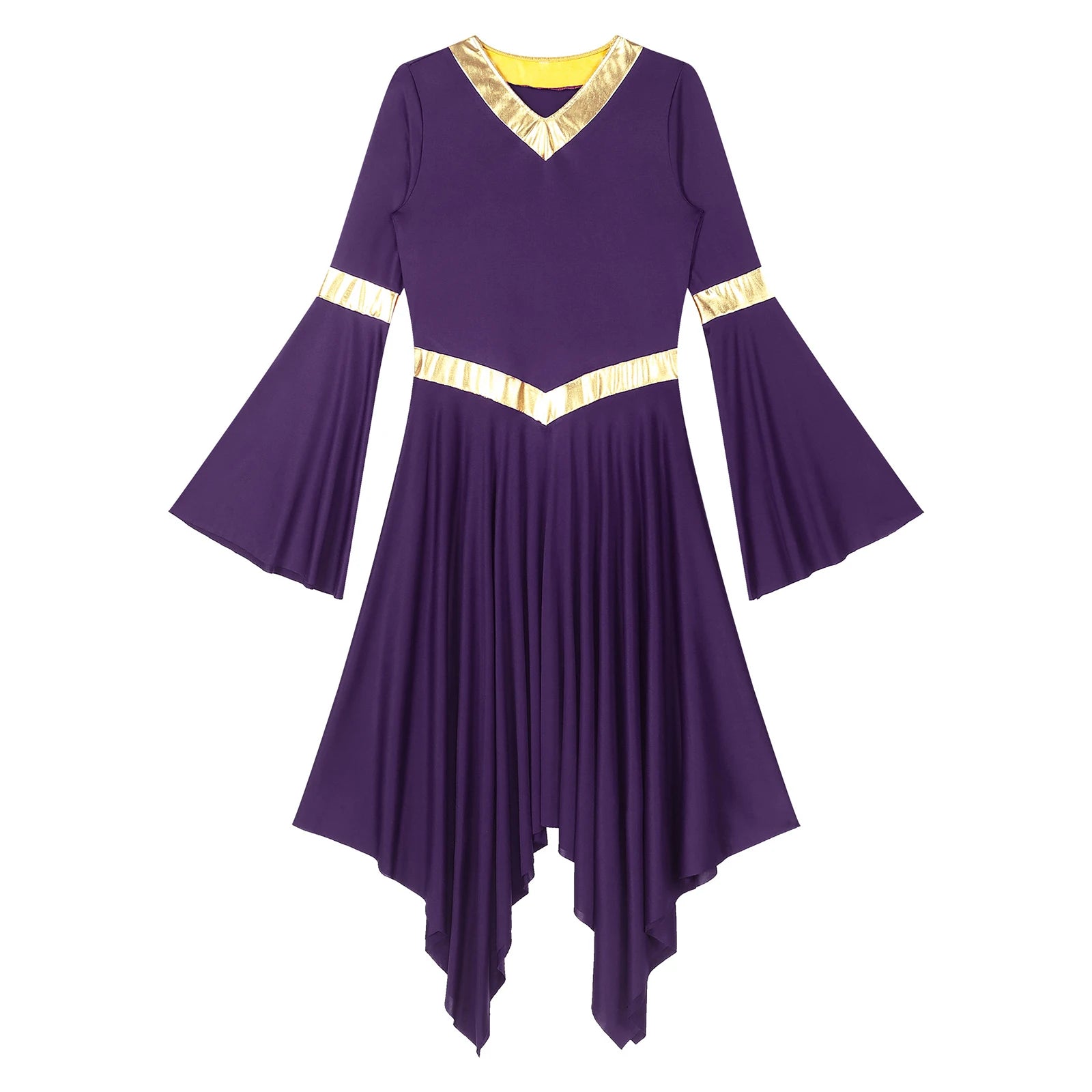 Robe de danse lyrique à manches longues pour femmes, robe à ourlet irrégulier, costume de spectacle liturgique, vêtements de danse modernes, culte de la chorale d'église