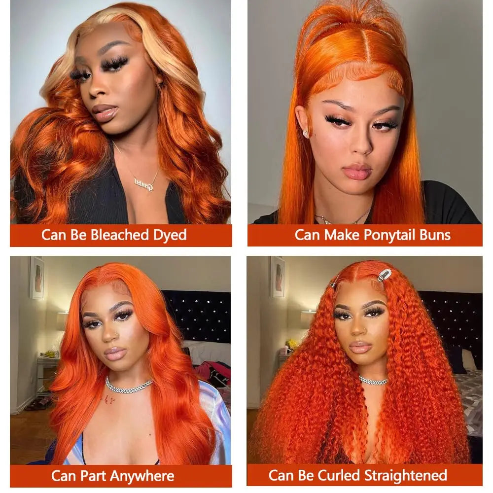 Perruque Lace Front Wig Remy naturelle Body Wave, cheveux humains, Orange gingembre, 36 pouces, 13x6, HD, densité 180%, pre-plucked