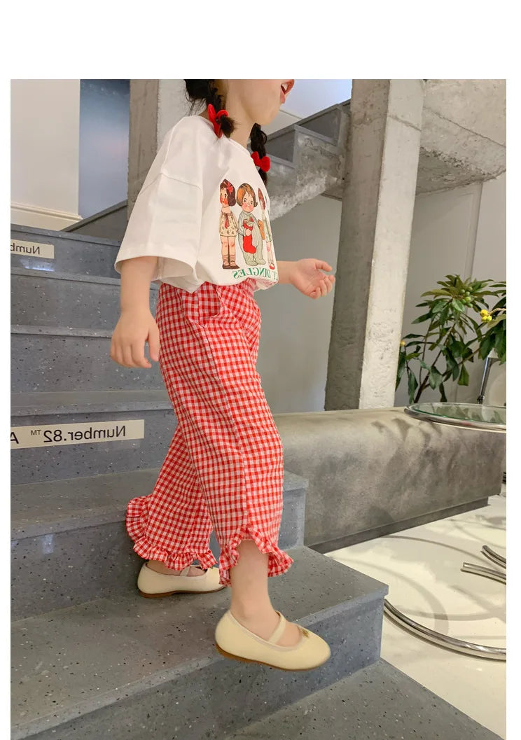 Pantalon en dentelle à carreaux pour filles, léger et confortable, vêtements d'extérieur pour enfants, mode décontractée, nouveau, été, 2024