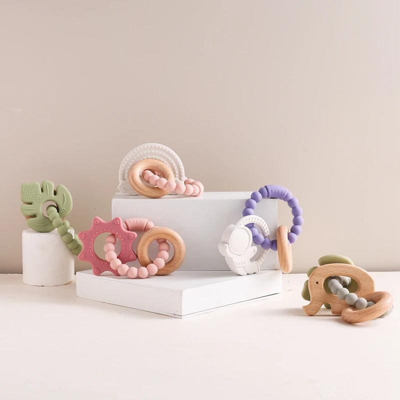 Anneau de dentition en Silicone pour bébé, 1 pièce, sans BPA, Bracelet en Silicone, feuille, jouets de dentition, anneau en bois, dent d'allaitement, jouets cadeaux pour nouveau-né