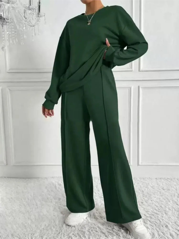 Ensemble deux pièces pour femmes, décontracté, col rond, manches longues, sweat-shirt, pantalon à jambes larges, costumes automne hiver, mode dames, tenue de bureau