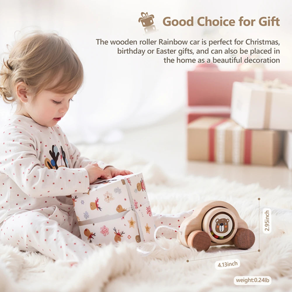 Jouets Montessori en bois pour bébé, 1 pièce, anneau de dentition de Bus de dessin animé, ours en bois de hêtre, voiture pour enfants, jouets éducatifs Montessori, cadeau