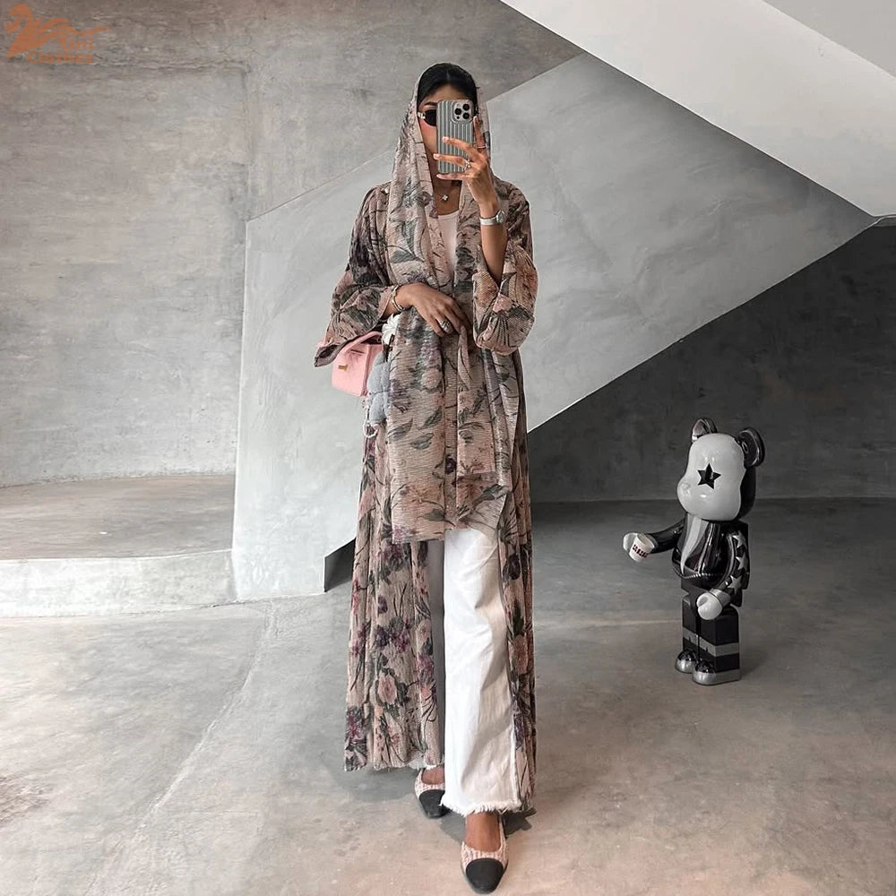 Luxury Dubai Women's Abaya Hijab Included Muslim Elegant Floral Print Pleated Open Long Sleeve Cardigan Caftan