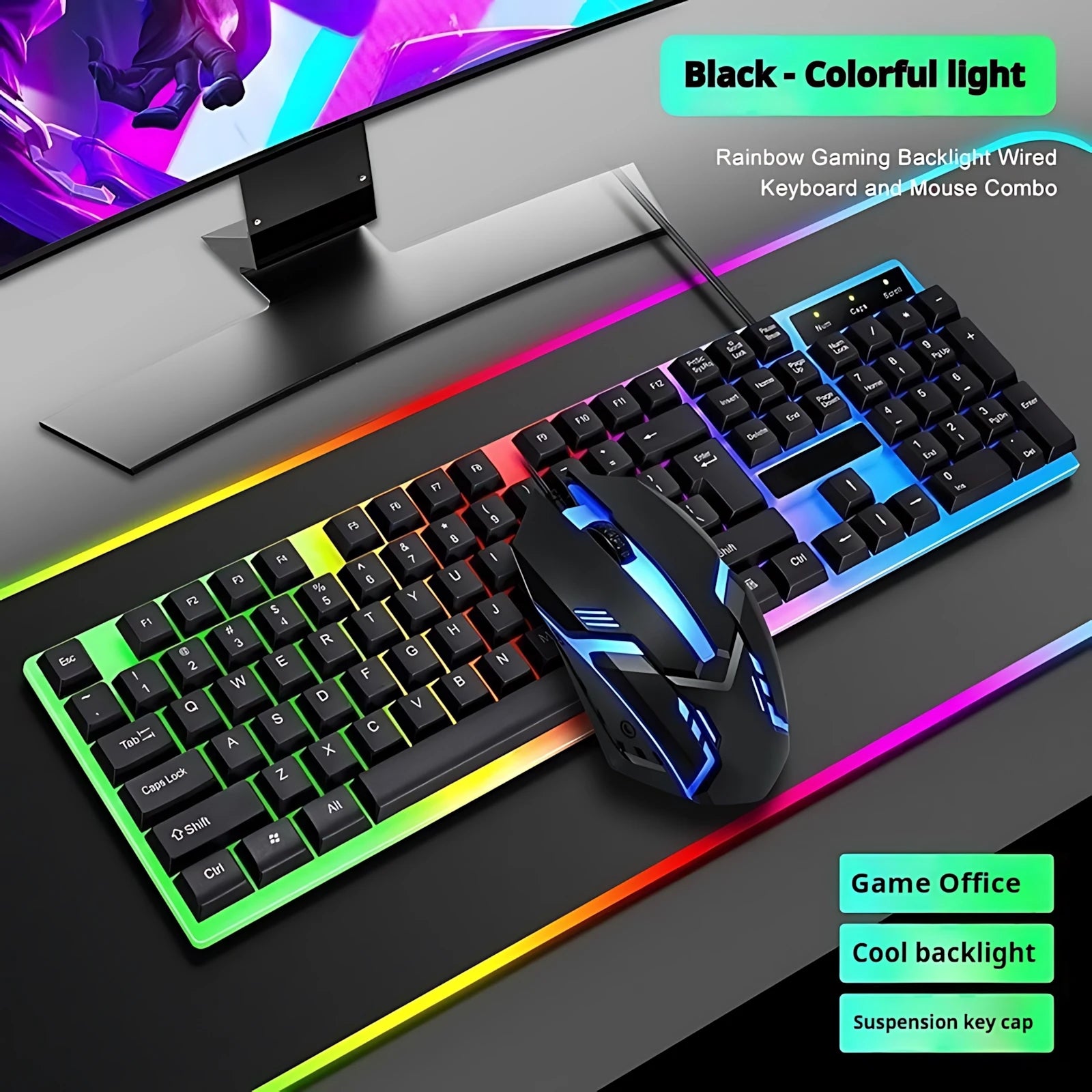 Clavier et souris filaires rétroéclairés arc-en-ciel, capuchons de touches flottants, clavier solide, résistant à l'usure et au toucher confortable pour le bureau d'affaires