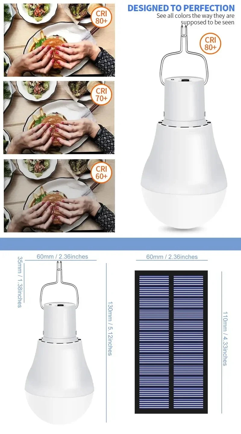LED solar lamp, waterproof outdoor bulb, portable solar garden hanging hiking fishing emergency lights