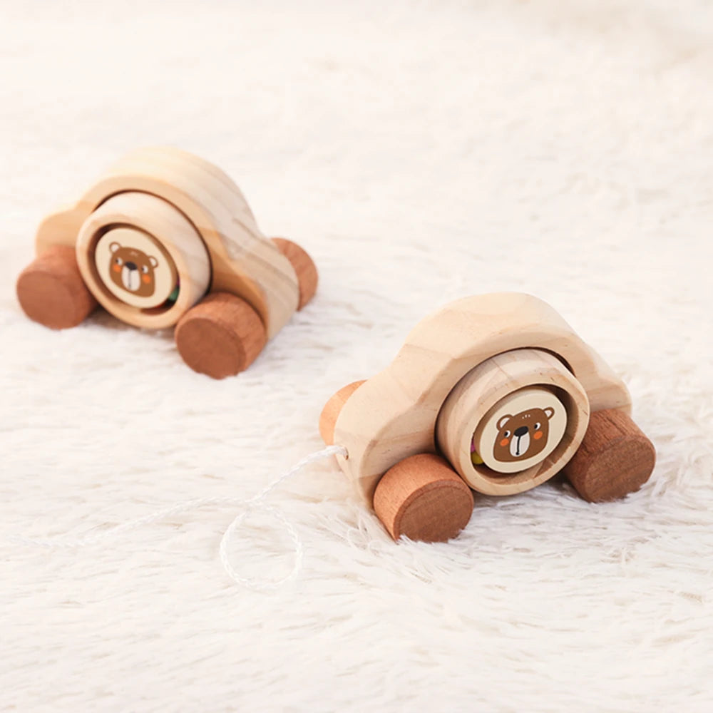 Jouets Montessori en bois pour bébé, 1 pièce, anneau de dentition de Bus de dessin animé, ours en bois de hêtre, voiture pour enfants, jouets éducatifs Montessori, cadeau