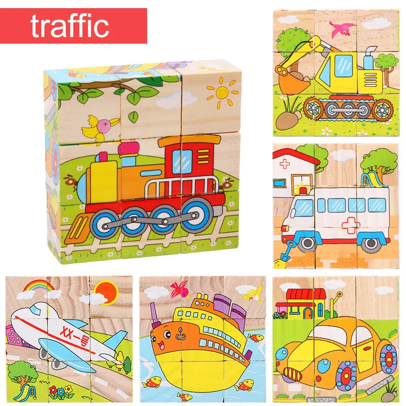 Puzzle en bois peint sur Six côtés, blocs de construction d'animaux de la circulation tridimensionnels, jouets d'éducation précoce Montessori TMZ