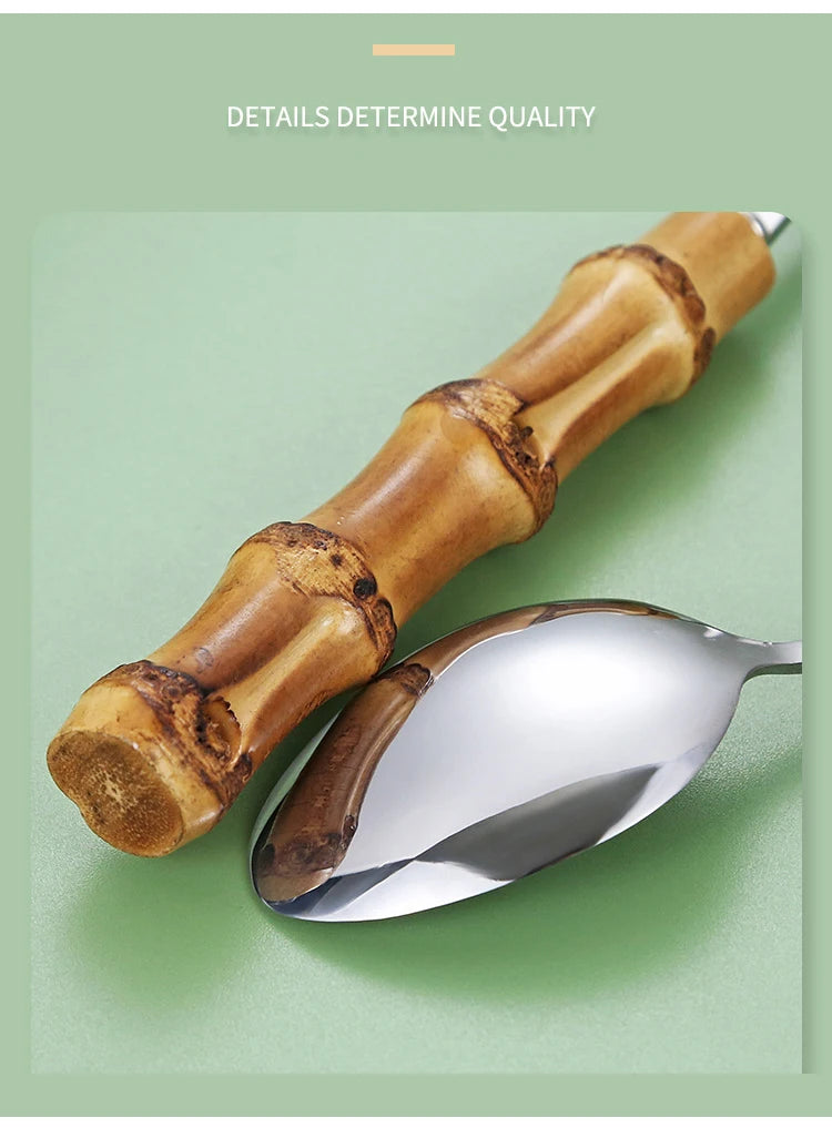 Ensemble de Vaisselle en Bambou et Acier Inoxydable avec Poignée Naturelle, Couverts Rétro, Steak, Opaque, Fourchette, Cuillère, Cadeau de Dessert, 20/30 Pièces