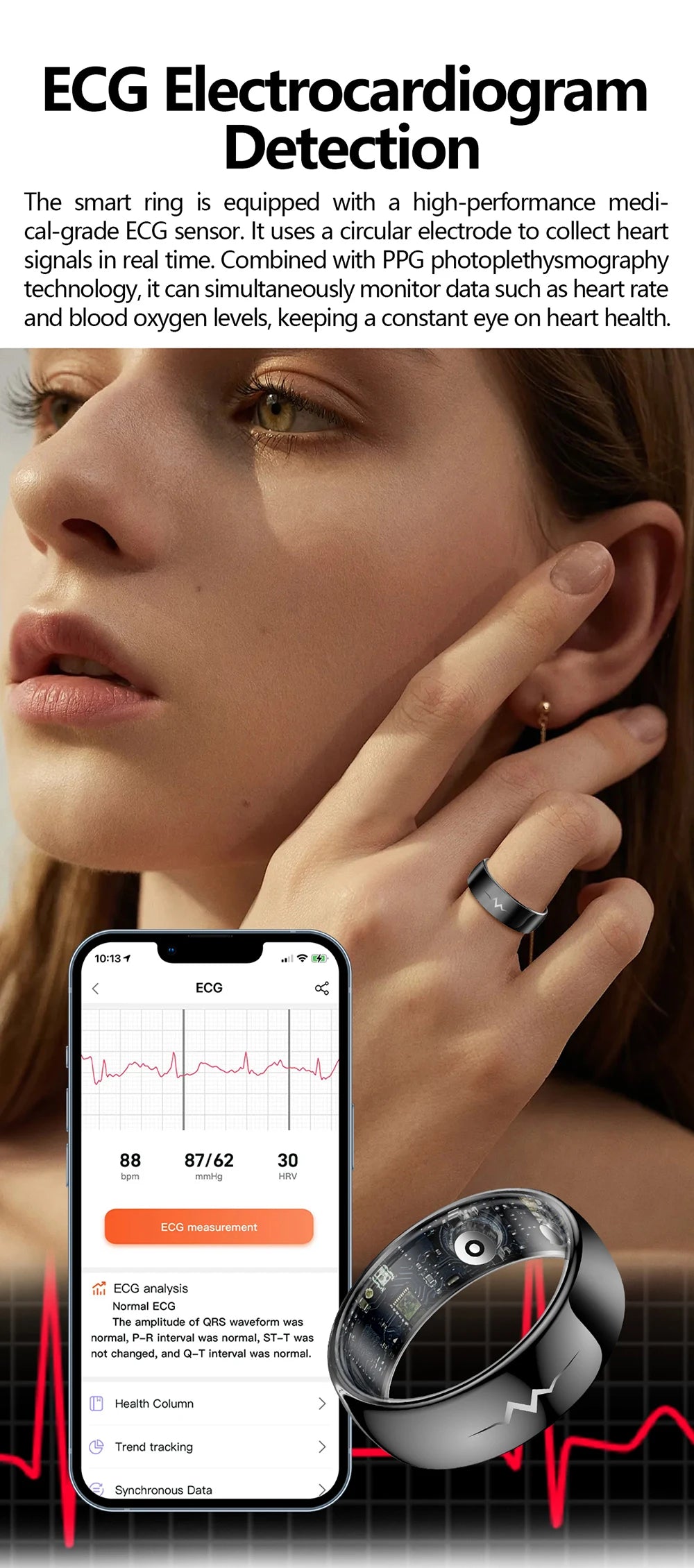 Haut de gamme ECG sang oxygène santé anneau intelligent fréquence cardiaque pression artérielle moniteur de sommeil anneaux 5ATM étanche plusieurs Modes de Sport