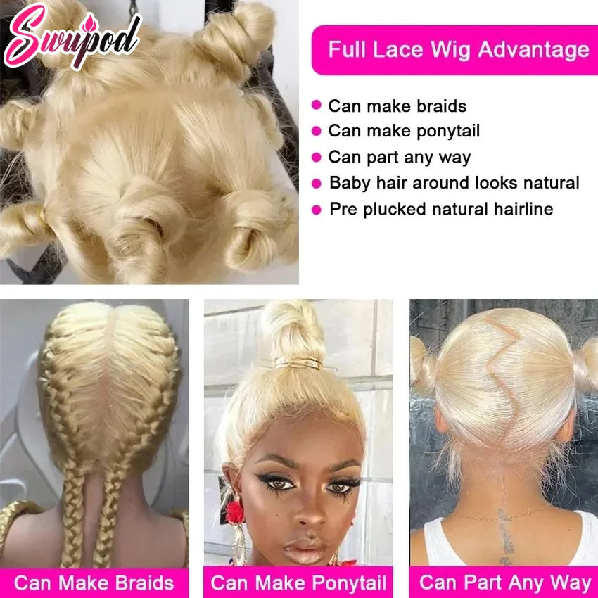 Perruque Lace Front Wig 100% naturelle, cheveux lisses, blond 250, pre-plucked, sans colle, densité 613, HD, ultraviolets