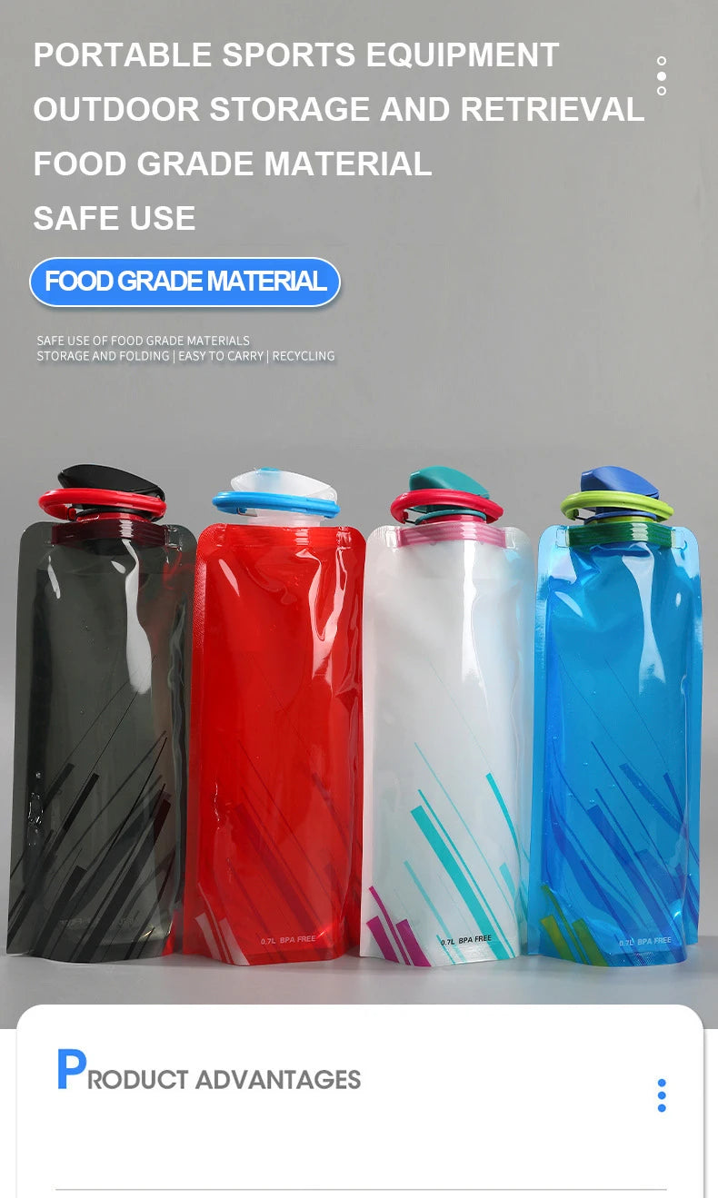 Bouteilles d'eau pliables, bouteille d'eau de voyage Flexible et réutilisable, pochette d'eau en plastique, flacon souple, sac d'eau avec mousqueton