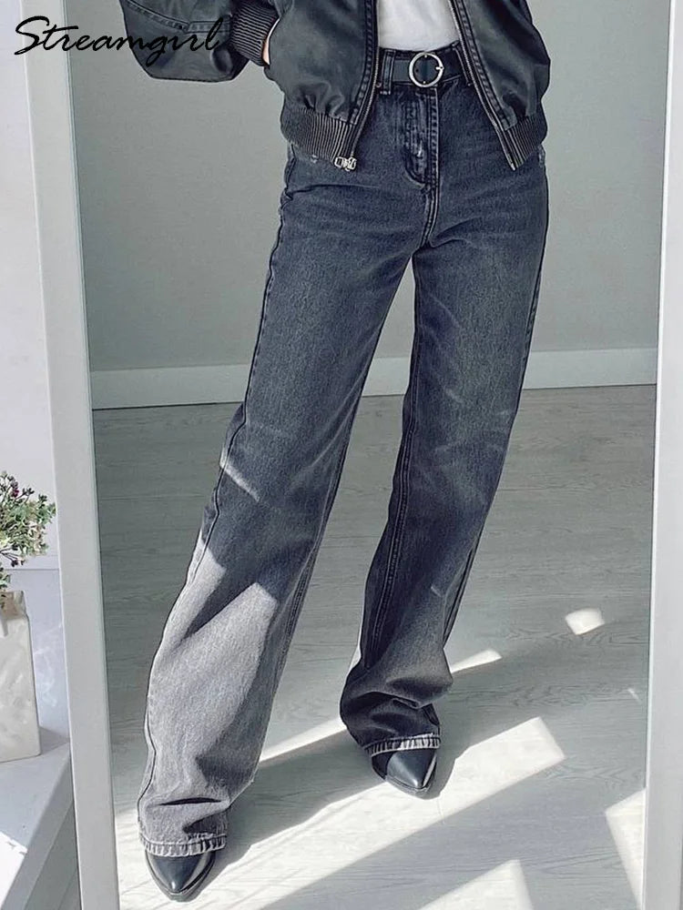Jean bleu femmes taille haute 2025 ample décontracté petit ami jean Long pour le travail dames Simple jambe droite Denim pantalon pour les femmes
