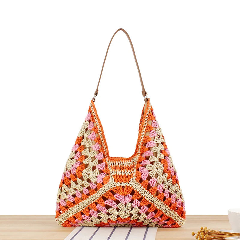 Sac à main d'été bohème tressé, fourre-tout décontracté, sac de plage en paille creuse, sac initié tissé, sac de voyage en raphia et rotin