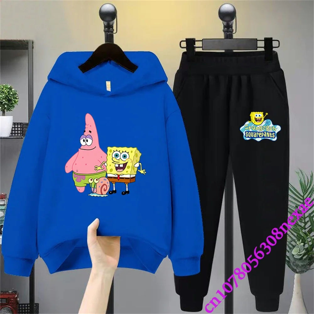 Spongebob-Pull imprimé dessin animé pour enfants, vêtements pour garçons et filles, imbibé, printemps et automne, Sportif, fjedly, 2 pièces