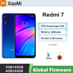 Firmware mondial Xiaomi Redmi 7 smartphone double SIM Solt téléphone portable Android e double caméra téléphone utilisé