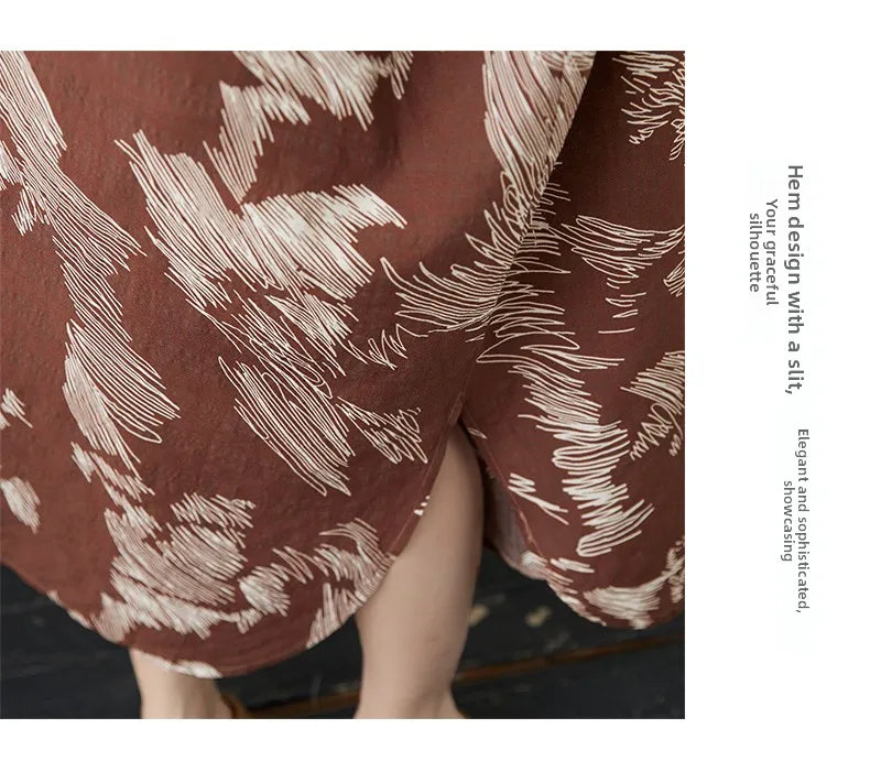 Summer commute. Cotton linen print loose long dress with high neck A-line skirt. Seven long dresses available in plus sizes.
