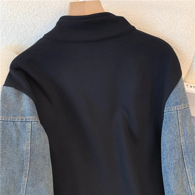 Ensemble pantalon en Denim, col montant, Patchwork, manteaux de rue, hauts à jambes larges, jean gothique droit, Vintage, ensemble deux pièces Simple