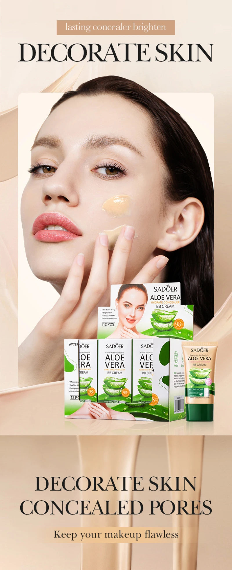 Aloe Vera BB crème-hydratant et dissimulant au collagène fond de teint à couverture complète, correcteur longue durée et léger