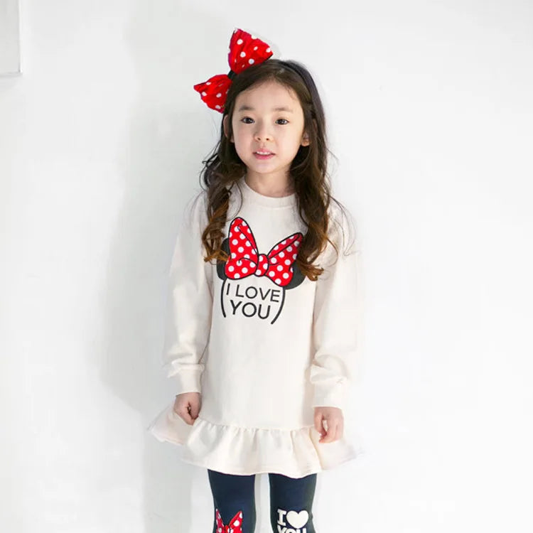 Ensemble de vêtements pour enfants printemps-automne, chemise + Leggings en coton à manches longues avec nœud papillon de dessin animé, costume 2 pièces pour filles de 3 à 8 ans, tenue décontractée